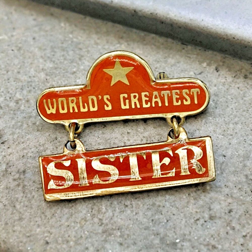 Vintage Sister Bar Brooch 1979 Orange Gold Enamel World's Greatest Marquee Pin